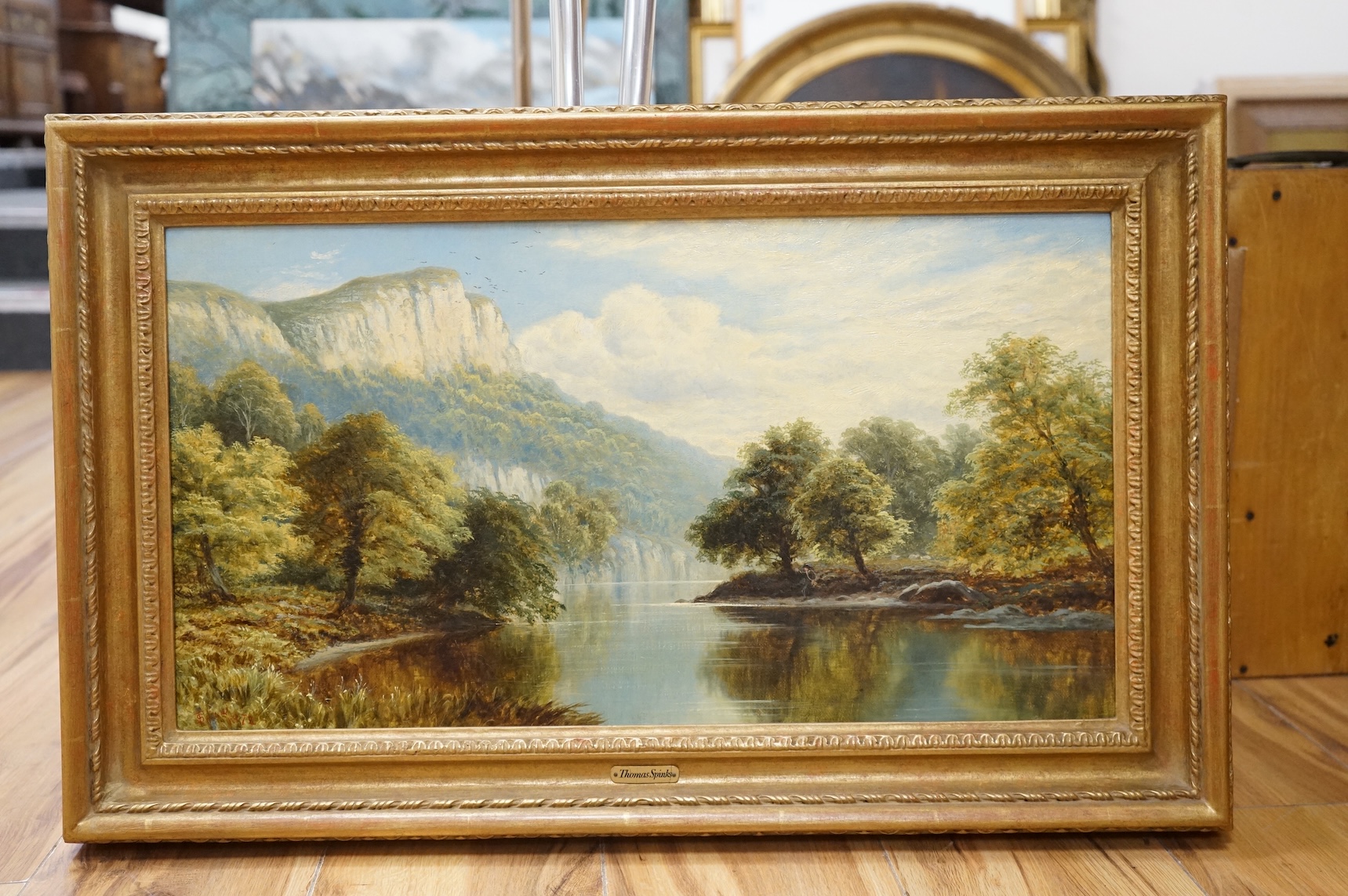 Thomas Spinks (1847-1927), ‘View in Derbyshire’, signed and dated 1872, Eastbourne Fine Art label verso, oil on canvas, ornate gilt frame, 29 x 54cm